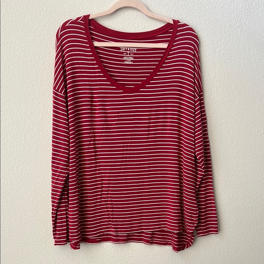 American Eagle Outfitters Burgundy and White Striped Long Sleeve Top